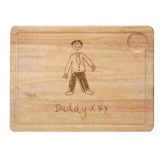 Wooden cutting board with a engraved stick figure and 'Daddy Xx' text on a white background | Little Heirloom