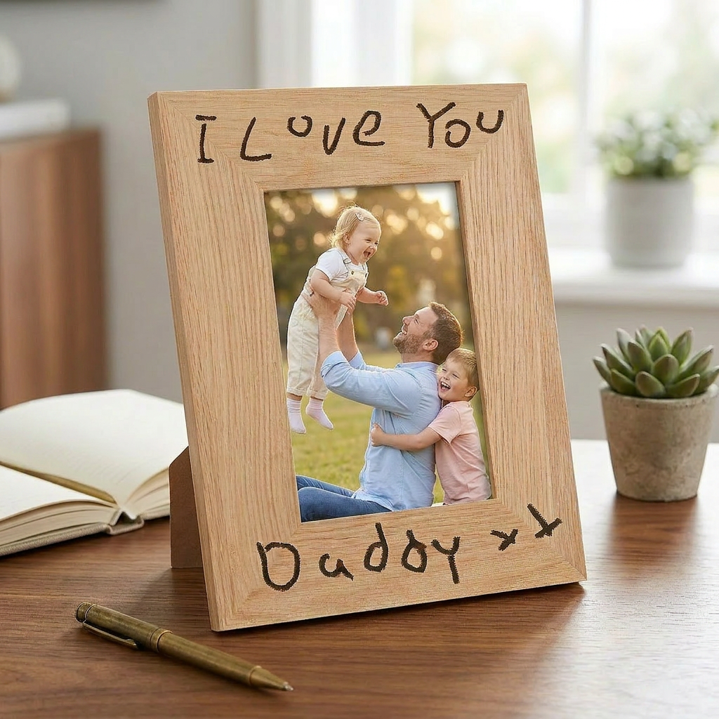 Wooden photo frame with a family photo and 'I Love You Daddy' text on a desk | Little Heirloom