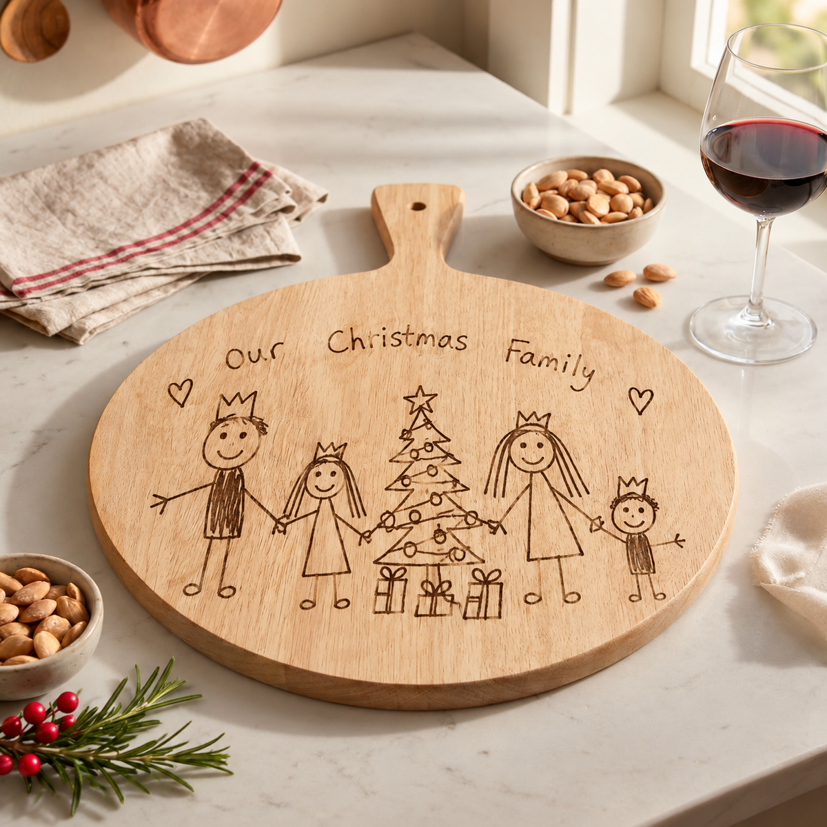 Christmas Sharing Board Engraved with Children’s Artwork | Wooden Cheese & Charcuterie Board