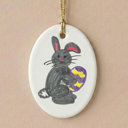 Oval Easter Tree Ornament with Child's Drawing of an Easter Bunny | Little Heirloom