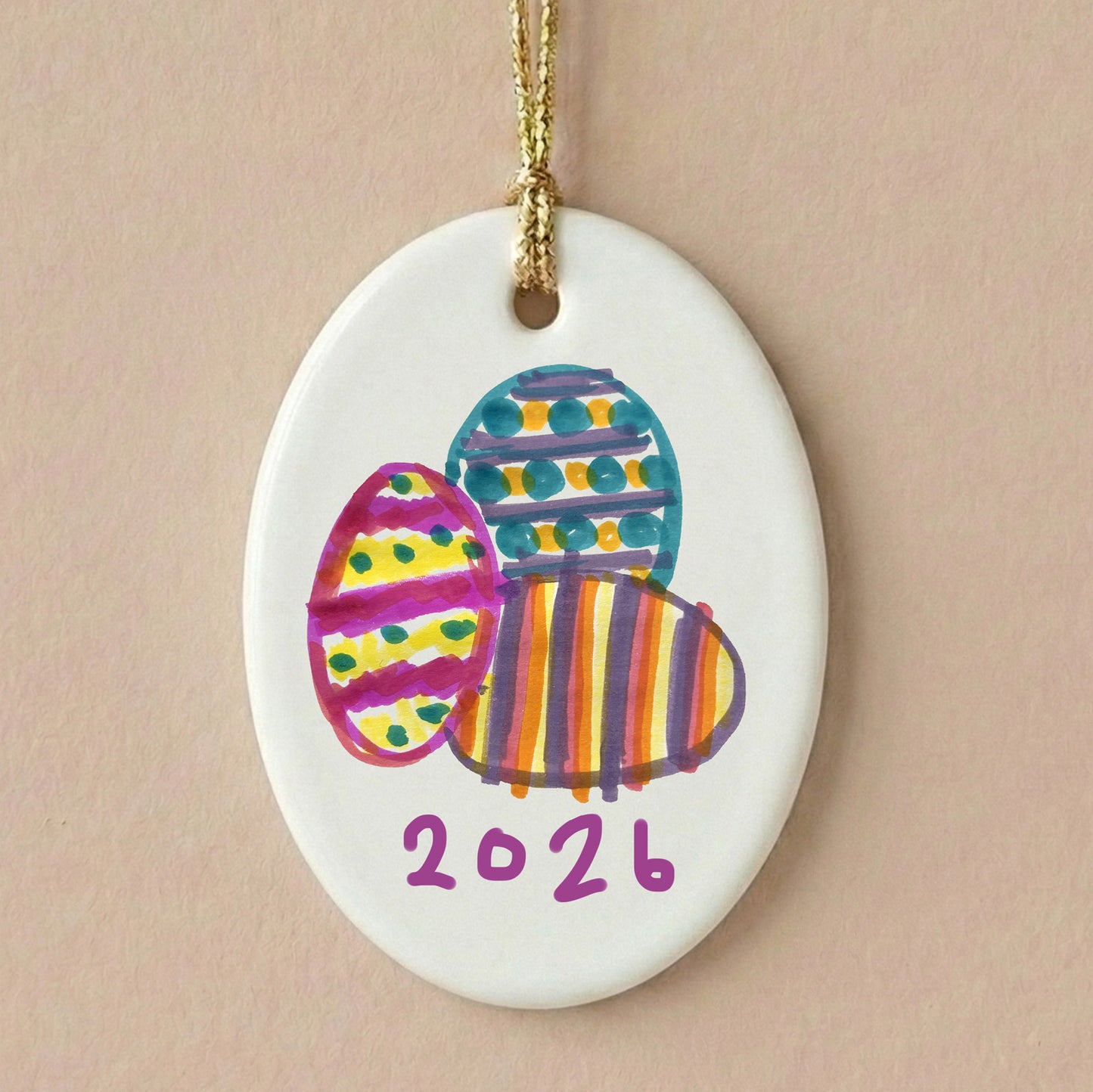 Oval Easter Tree Ornament with Child's Drawing of Easter Eggs and Date | Little Heirloom