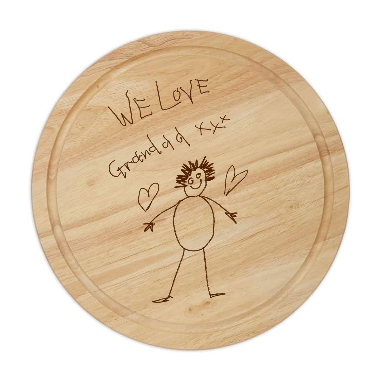 Wooden cutting board with engraved text and a stick figure drawing on a white background | Little Heirloom
