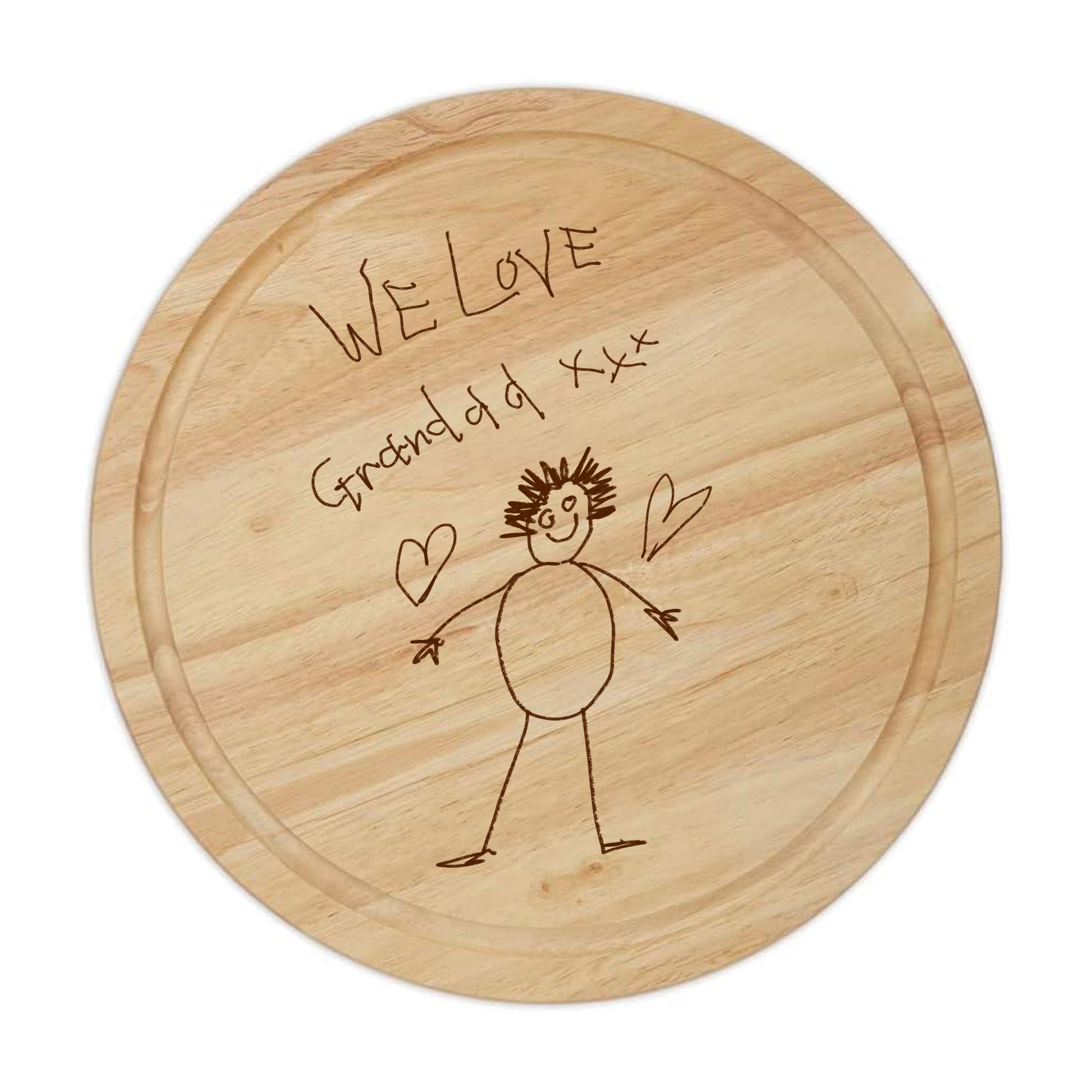 Wooden cutting board with engraved text and a stick figure drawing on a white background | Little Heirloom