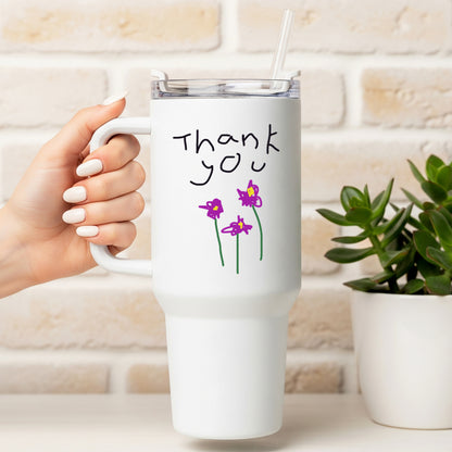 White mug with 'Thank you' and flower design held by a hand, for teachers | Little Heirloom