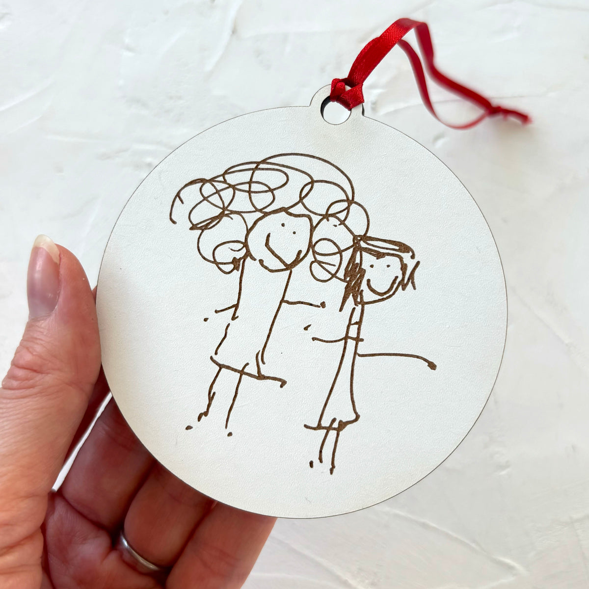 White Laser Engraved Wooden Ornaments Made from Children's Drawings | Little Heirloom
