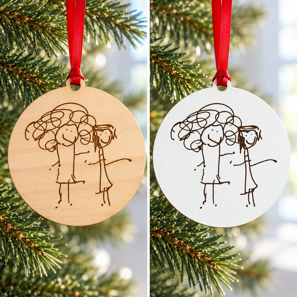 Round Wooden Christmas Tree Decoration Made From Your Children's Artwork