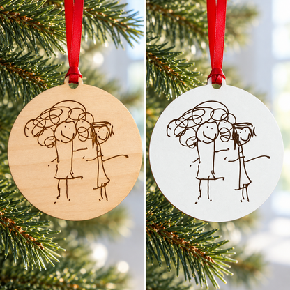 Round Wooden Christmas Tree Decoration Made From Your Children's Artwork
